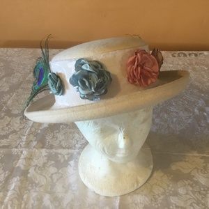 100% wool flat top occasion hat!  Satin flowers Peacock feathers Easter Sunday!